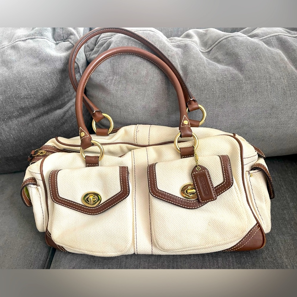 Coach ivory canvas and brown leather bag